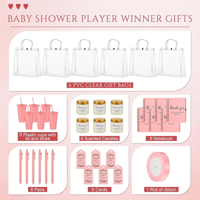 Nuogo 6 Sets New Parent Shower Prizes for Player Winners Adult, Wedding Bridal Shower Gift, Plastic Tumbler Notebook Scented Candle Ballpoint Pen Bag (Pink Color,Classic Style)