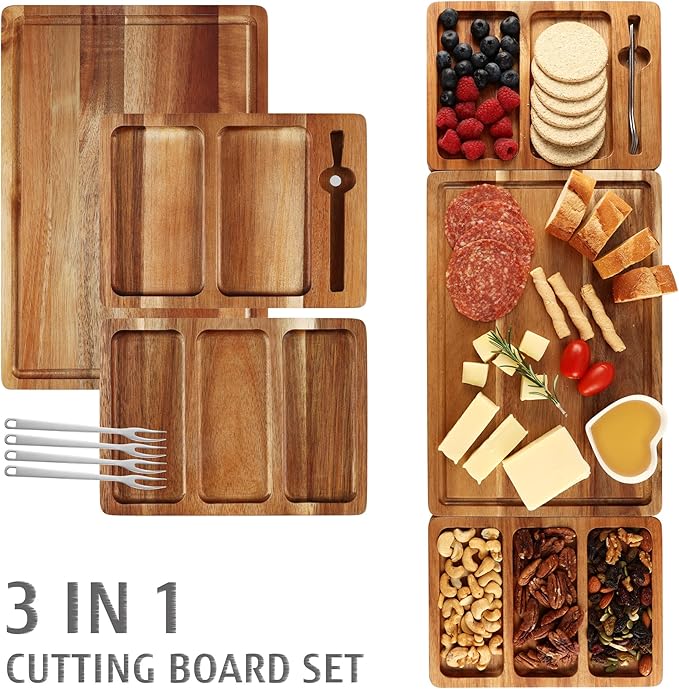 hecef Extra Large Charcuterie Board Set, 3-in-1 Magnetic Acacia Wood Cheese Platter with Storage Bag, Outdoor Picnic Serving Tray for Housewarming, Wedding, Anniversary, Birthday, Feast