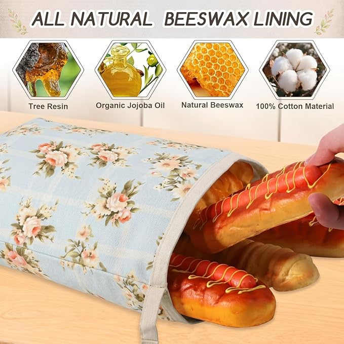 Beeswax Bread Bags for Sourdough, 2 Pack Reusable Bread Bag for Storage XL 17x13 Inch, Large Canvas Lined Bags for Homemade Sourdough - Keep Fresh, Freezer Safe
