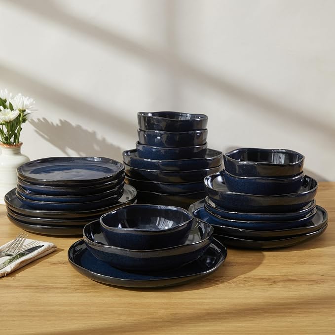 Pokini 24 Pieces Dinnerware Set for 6 with Pasta Bowls, Complete Ceramic Dish Set, Stackable & Glossy Stoneware Plate and Bowl Set for Effortless Everyday Hosting, Starry Blue
