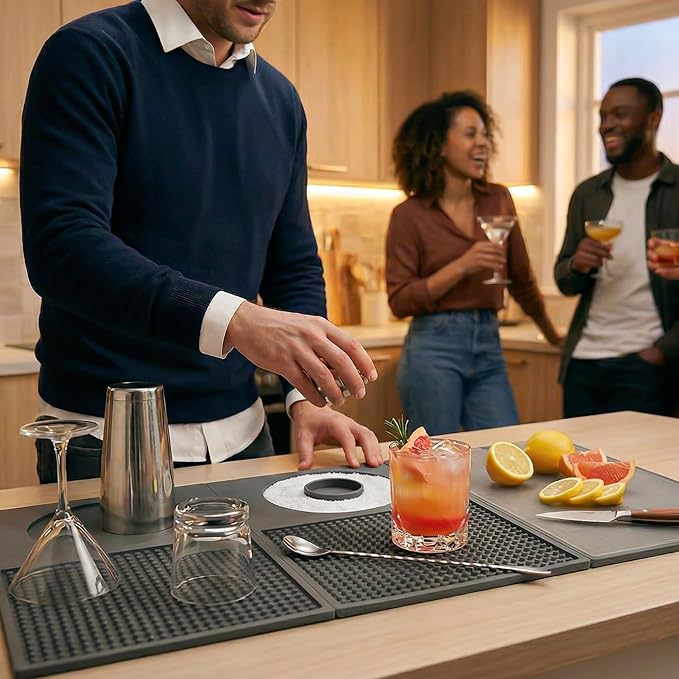 12'' x 22'' Silicone Cocktail Bar Mat for Bartending & Home Bar - Multifunctional Folding Drink Mat with Cutting Board - Portable Black Bar Countertop Accessories & Spill Mat（GREY）