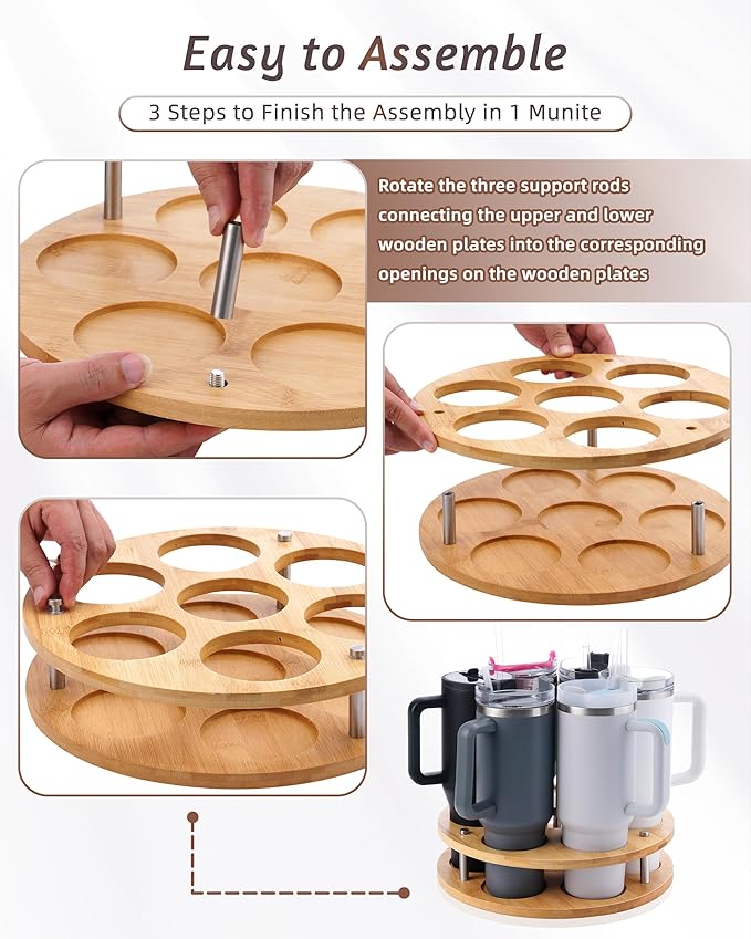 Rotating Wood Tumbler Organizer, 30 oz 40 oz Spinning Turnable Tumblers Holder, 360° Rotatable 7 Large Cups Bottle Tumbler Storage Display Stand, Rotate Syrup Organizer for Cabinet Countertop