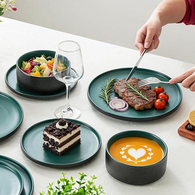Ceramic Dinner Plates, 10.25 Inch, Set for 4, Modern Green | Flat Dish Design, Microwave & Dishwasher Safe, Perfect for Family and Entertaining, For Steak, Sandwiches, Pizza, Pasta
