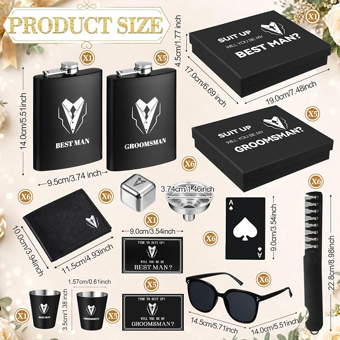 Mimorou 66 Pcs Groomsmen Proposal Gifts - Shot Glasses, Stainless Steel Ice, Flask, Funnel, Gift Boxes, Sunglasses, Knives, Bottle Opener, Cards, Wallets for Wedding Groomsmen Present Set (Fashion)