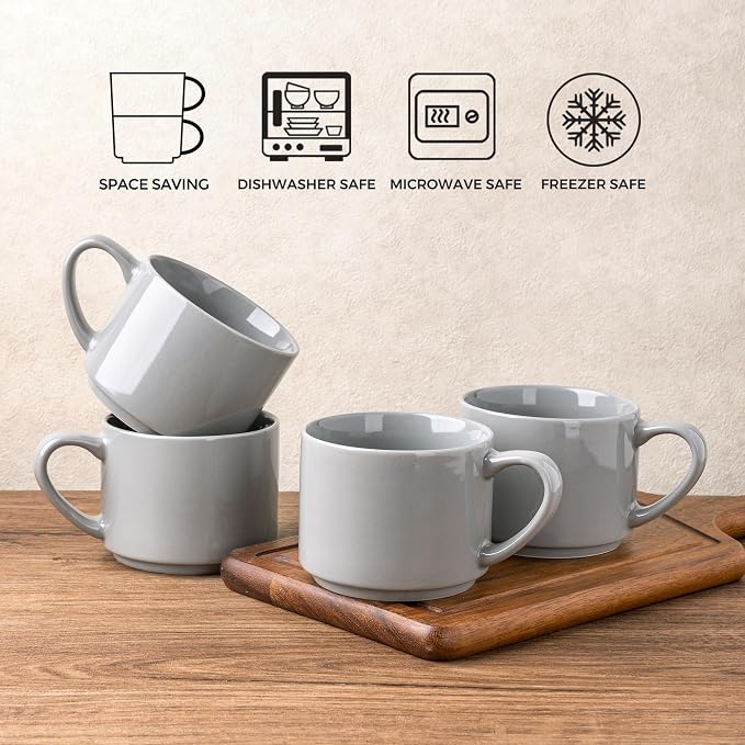 GBhome 14 OZ Coffee Mugs Set of 6, Stackable Ceramic Mugs for Men, Women, Modern Coffee Mugs for Latte,Cappuccino,Hot Cocoa. Dishwasher & Microwave Safe, Gray