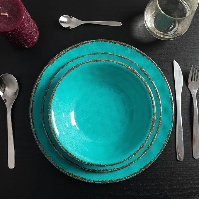 LEHAHA Rustic Melamine Dinnerware Sets, 12-piece Dishes Plastic Dinnerware Set for 4, Break-resistant Plates and Bowls Set, Outdoor Casual & Party Use Kitchen Dishes Set, Teal…