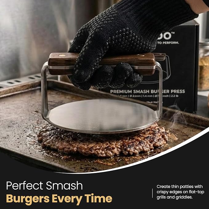 Heavy-Duty Smash Burger Press, 304 Stainless Steel, 6.5 Inch Diameter, 4mm Thick - Round Smasher for Flat Top Griddle & Cast Iron, Natural Walnut Handle, Satin Finish - Griddle Accessories