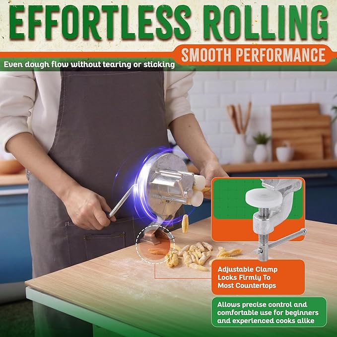 Cavatelli Pasta Maker Machine - Traditional Italian Cast Aluminum Body with Rollers, Clamp & Handle - Gnocchi & Shell Pasta Tool