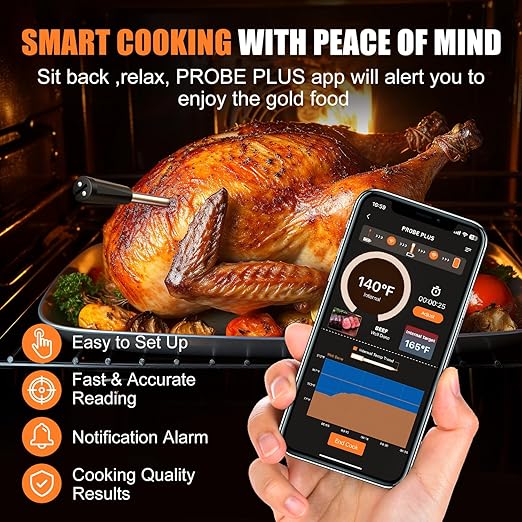 INSMART Wireless Smart Meat Thermometer,330FT Bluetooth Range,100% Waterproof,Precision Cooking Grilling,Multi Sensors,for BBQ,Oven,Grill,Kitchen,Smoker, Rotisserie Turkey Beef (Wood)