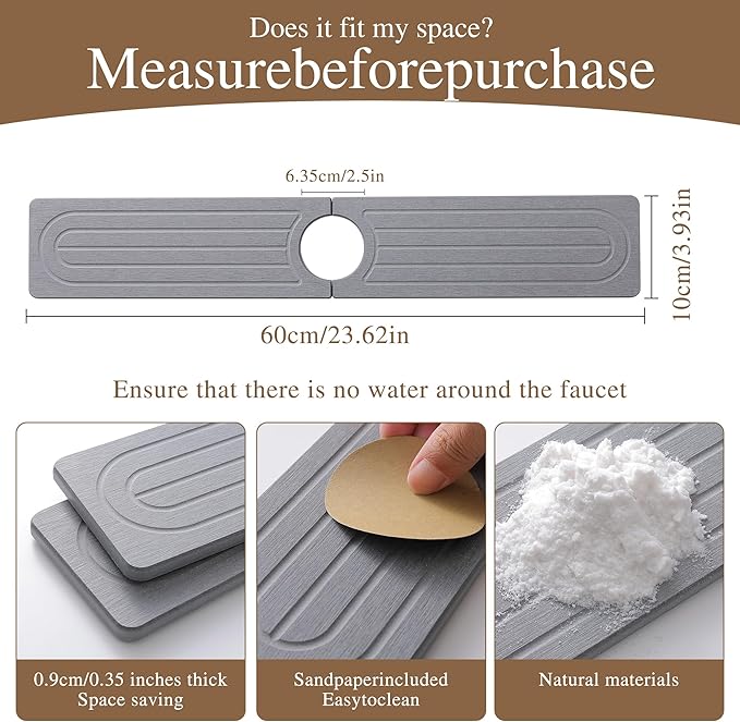 Faucet Mat for Kitchen Sink -Diatomite Stone Drying Mat for Kitchen Counter & Bathroom Sink,Quick-Dry Kitchen Sink Mat-Sink Protector & Splash Guard,Super Absorbent (Gray, 23.6"x4")