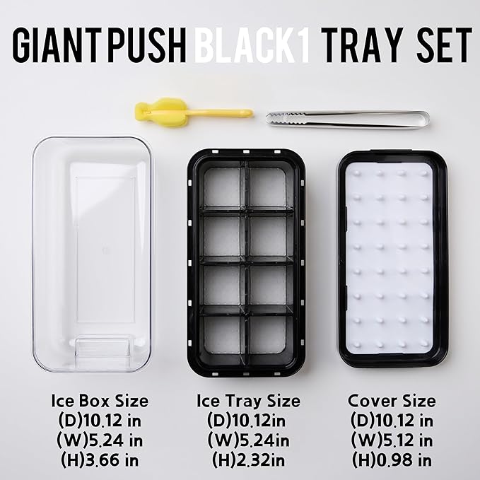 Push Big Ice Cube Tray for Freezer with Lid & Bin, 8 Large Ice Cube Molds Silicone Maker with Tong for Whiskey, Bourbon, Cocktail (BLACK, GIANT PUSH 1 TRAY SET)