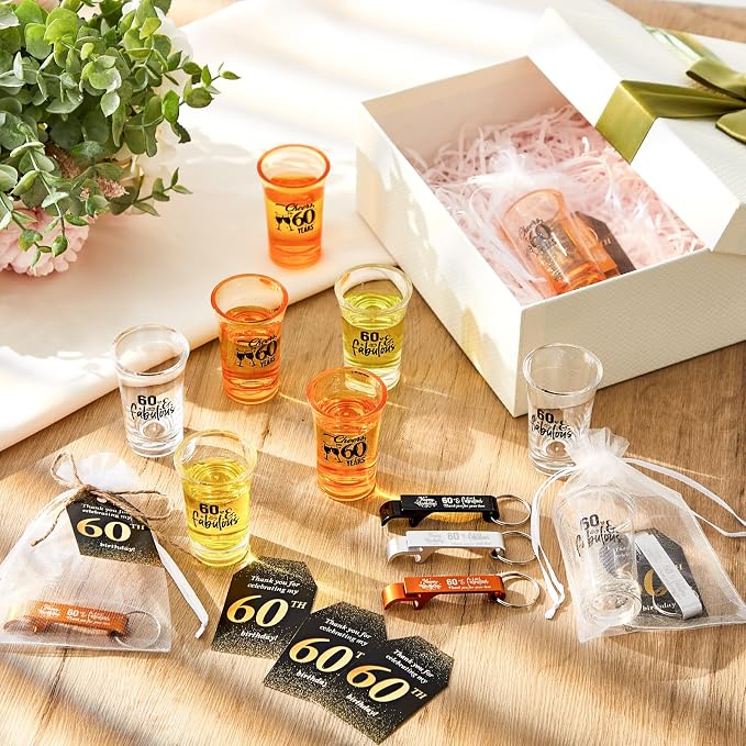 Domensi 50 Sets 60th Birthday Party for Guests Bulk Include Cheers to 60 Short Glasses Beer Bottle Opener Keychains Thank You Cards with Gift Bags and Ropes for Birthday Party Gifts