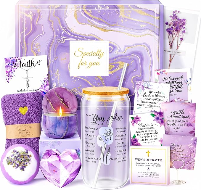 12PCS Christian Gifts For Women Faith - Inspirational Religious Birthday Gifts, Purple Spiritual Baptism Baskets For Mom, Grandma, Wife, Mothers, Friend, Sister,Catholic&Encouragement Birthday Gift
