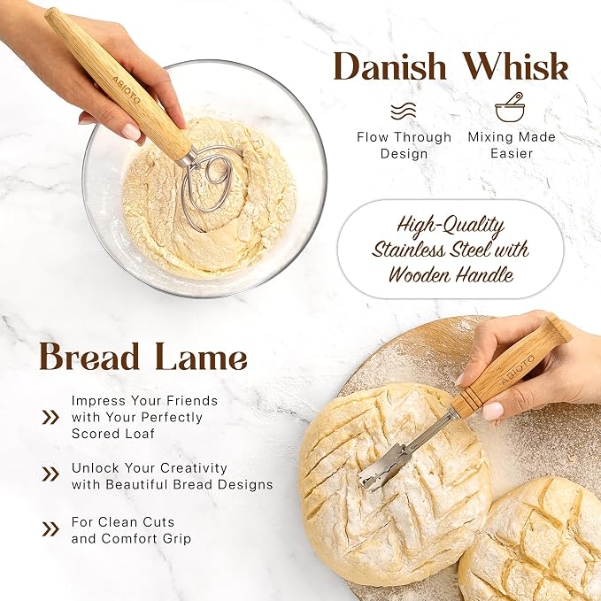 ABIOTO Sourdough Bread Baking Kit - 17-Piece Artisan Set with 10" Round & 11" Oval Rattan Baskets, Slings, Baking Mat, Bread Lame, Danish Whisk & Scrapers