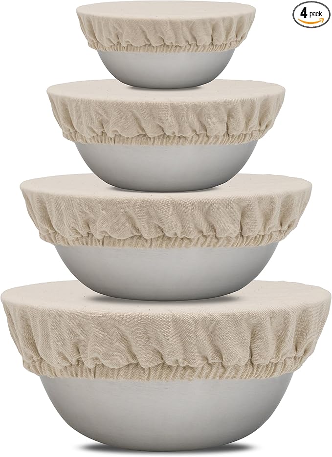 Reusable Fabric Bowl Covers for Bread Proofing - Washable, Dye-free, and All-Natural 100% Linen Cloth Bowl Covers for Bread Rising - Elastic Closure to Fit Multiple Bowl Sizes (1 XL, 1 L, 1 M, 1 S)