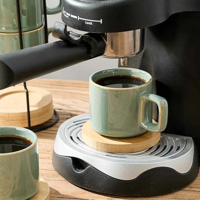 LUKA Porcelain Stackable Espresso Cups with Saucers and Metal Stand, 4 Ounce Small Ceramic Demitasse Cups Set for Latte, Specialty Coffee Drinks, Cafe Mocha,Tea - Set of 4, Wild Sage Earth