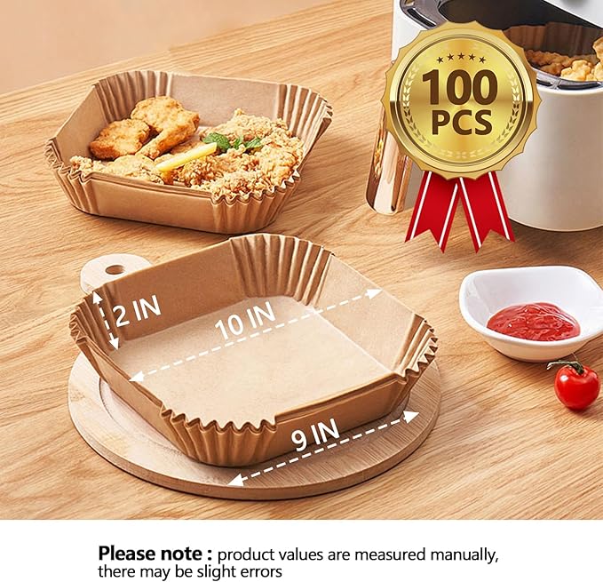 10 Inch Air Fryer Liners Disposable, 100PCS Air Fryer Paper Liners, Oil-Proof & High-Temperature Resistant Parchment Baking Paper for Air Fryer, Microwave and Oven（Bottom Is 9 Inch）
