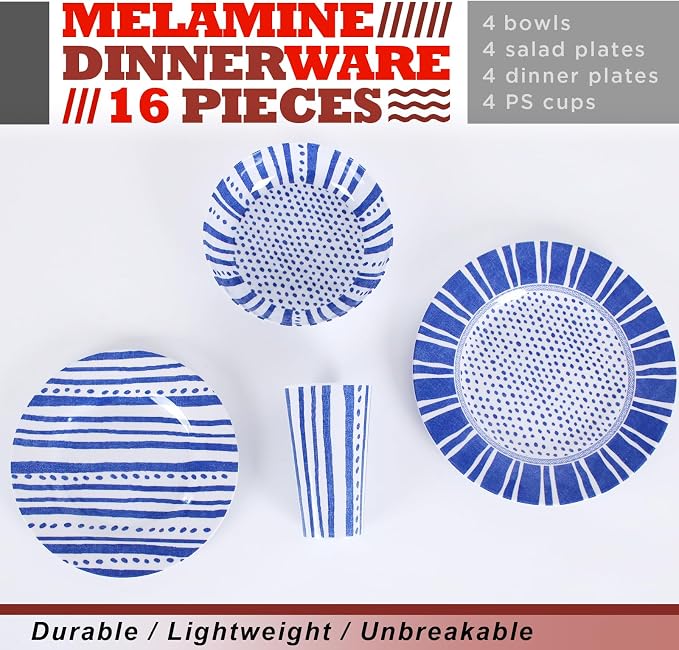 Melamine Dinnerware Set for 4-16 Pcs:Camping Dishes Set with Dinner Plates,Salad Plates,Cups and Bowls.Lightweight and Unbreakable.Indoor and Outdoor Use. flower 10