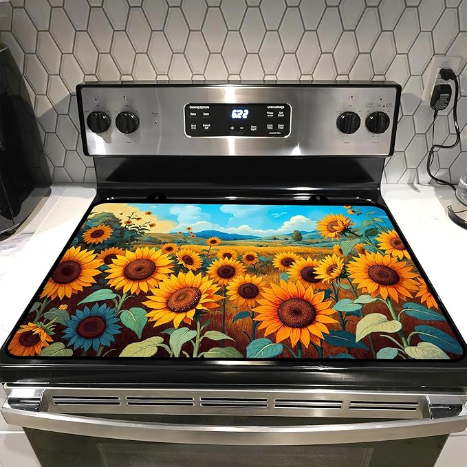 Glass stove top cover 28"x 20", Stove Top Covers for Electric Stove, Flat Range Mat for Glass Cooktop, Kitchen Heat-Resistant Protector Non-Slip Drying Mat (Sunflower)