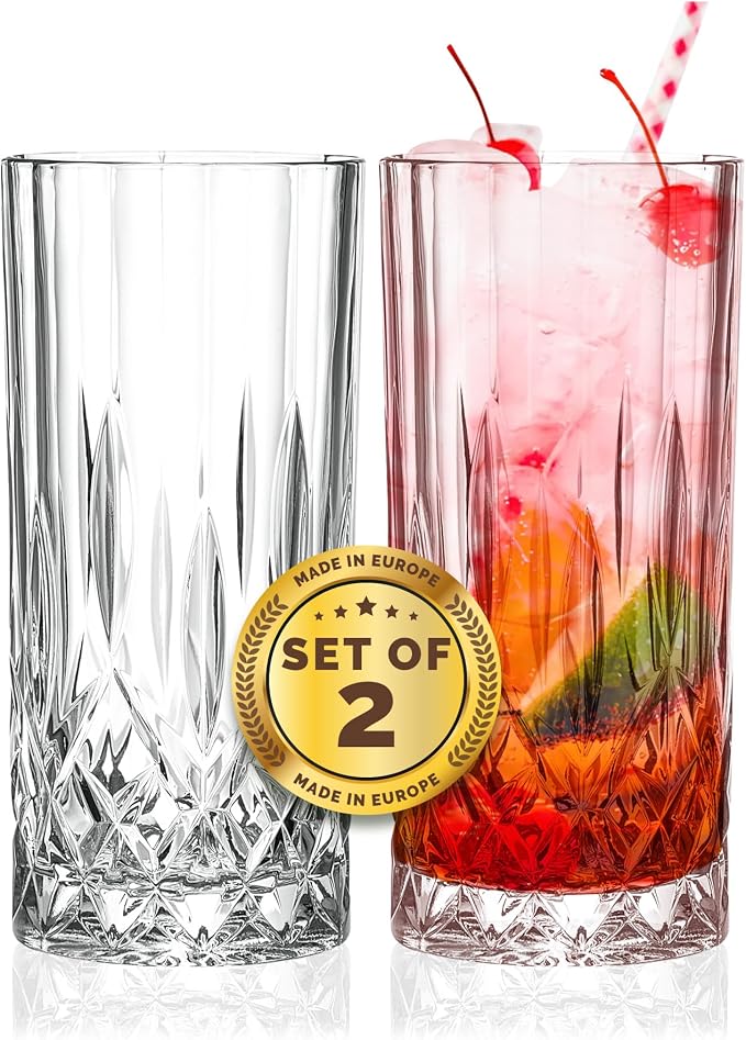 Barski Highball Glass - Drinking Glasses - Set of 2 - Hiball Tumblers - Glass Crystal Tumbler - for Water, Juice, Beer, Mixed Cocktails, Mojito Glass, Tom Collins Bar Glassware, 13 oz, Made in Europe