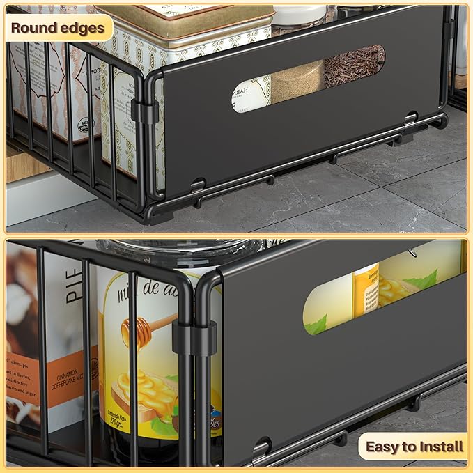 4 Pack Pull Out Cabinet Organizer, Pull out drawers for cabinets with EVA Adhesive Tape, Heavy Duty Sliding Kitchen Organizers and Storage, Suitable for Pantry, Bathroom, Bedroom
