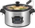 Hamilton Beach Portable 6 Quart Set & Forget Programmable Slow Cooker | Defrost Setting | Lid Lock For Easy Travel | Dishwasher Safe Crock & Glass Lid | Silver | 33869