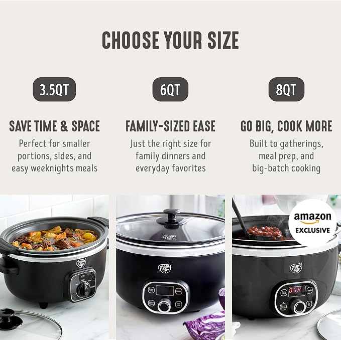 GreenLife 6QT Slow Cooker, Non-Toxic PFAS-Free Ceramic Nonstick Removable Interior Bowl, Programmable, Family Friendly, Keep Warm, Stovetop & Oven Safe, Dishwasher Safe Crock, Timer, Glass Lid, Black