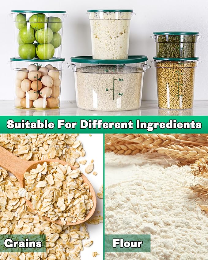 4QT NSF Round Food Storage Containers with Lids: 4 PCS [Total Food Grade][Hot&Cold Resistant] Dough Proofing Container for Pizza, Bread with Measuring Spoons Included(BPA FREE) (GREEN)