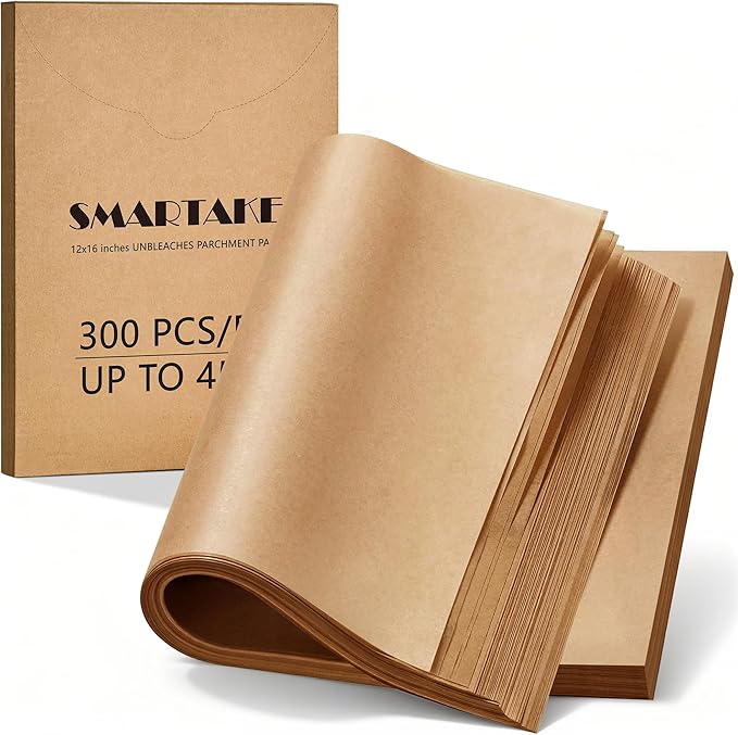 SMARTAKE 300 Pcs Parchment Paper Baking Sheets, 12x16 Inches Non-Stick Precut Baking Parchment, for Baking Grilling Air Fryer Steaming Bread Cup Cake Cookie and More (Unbleached)
