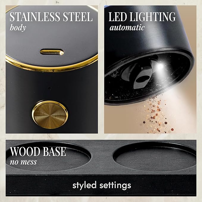 Electric Salt and Pepper Grinder Set Rechargeable – Black and Gold Salt and Pepper Shakers with USB-C Charging, Adjustable Grind, LED Light, One Touch Control, Stainless Steel Body