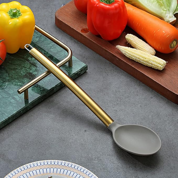 Berglander Non-stick Silicone Solid Serving Spoon, Titanium Gold Plating handle, Basting Spoon, Dishwasher Safe, Easy to Clean
