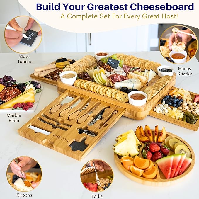 Extra Large Charcuterie Boards Gift Set: Marble Bamboo Cheese Board Set- Unique for Mom, 23 Entertaining Accessories, Christmas, Wedding Gifts for Couple, House Warming Gifts Home