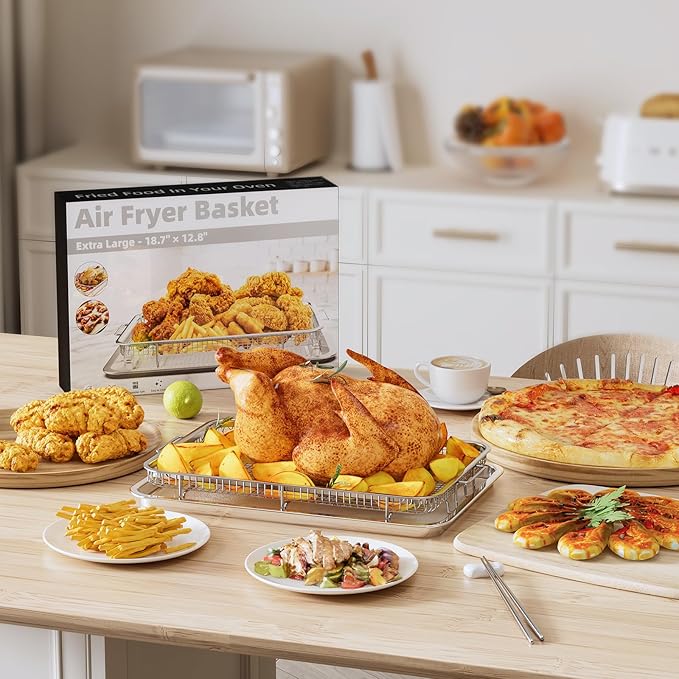 Air Fryer Basket for Oven, 2 Set Air Fryer Pan and Cripy Tray Set with 60 PCS Parchment Papers, THORSES Thickened Stainless Steel NonStick Air Fryer Basket and Pan (18.8"x12.8"&14.88" × 10.98"）