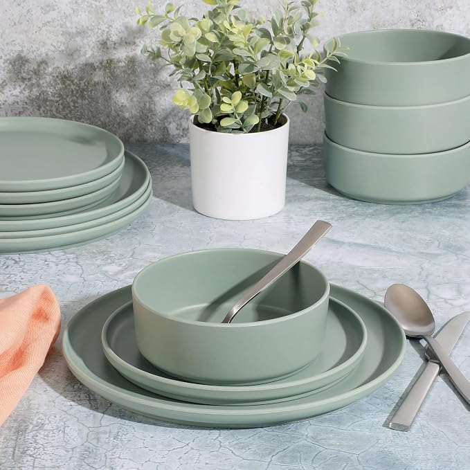 Gibson Home Canyon Crest Stackable Matte Melamine Set - Sage Green, Service for Four (12pcs)