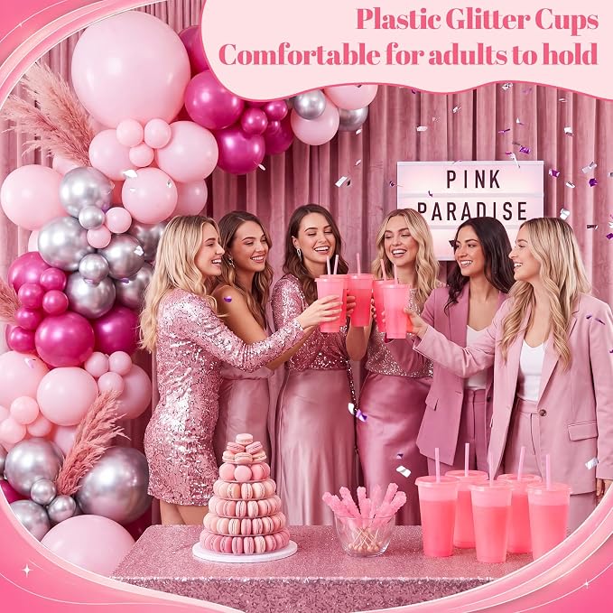 Honeydak 60 Pack Tumbler with Straw and Lid Bulk Cups for Gifts Glitter Plastic Coffee Cups 24-27 oz Reusable Water Bottle Iced Coffee Travel Mug Party Favors for Birthdays Travel (Clear Pink)