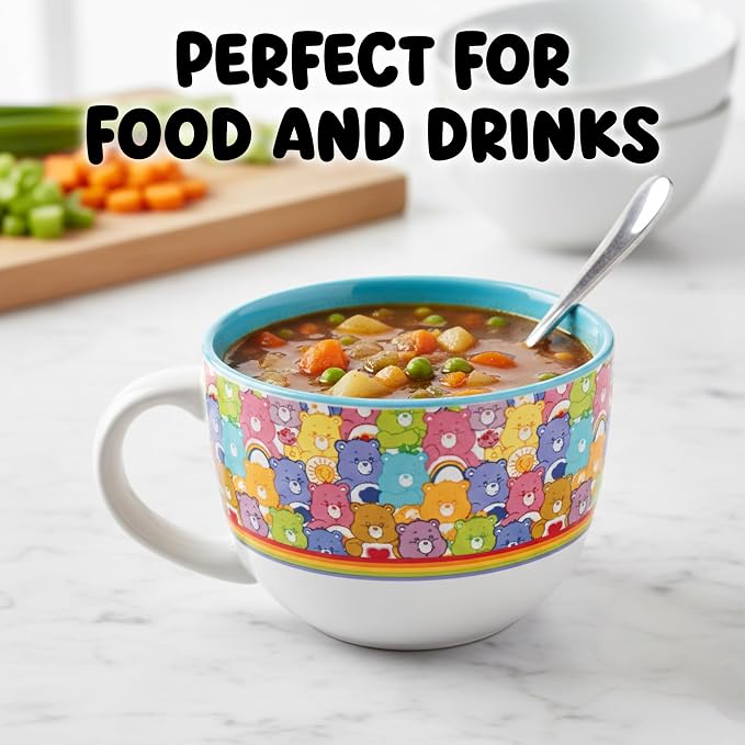 Silver Buffalo Care Bears Ceramic Soup Mug, All Over Print, 24oz | Tenderheart Bear, Cheer Bear, Funshine Bear and friends, oversized handle, generous capacity, colorful design