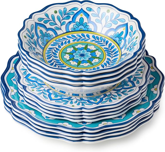 Porto 12 Pc. MELAMINE DINNERWARE SET, SERVICE for 4 – artistically designed Talavera Tile Art, Turquoise Blue Yellow Mandala