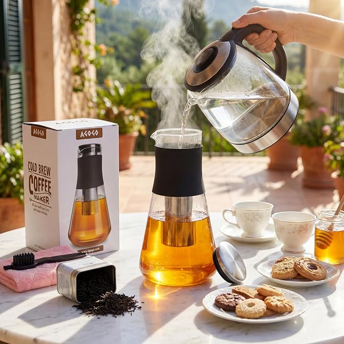 AGOGO Glass Coffee Maker & Tea Pitcher, Hot & Cold Immersion Brewer with Stainless Steel Filter, Silicone Grip Carafe for Countertop Sharing, Iced Tea & Fruit Water, Gift Box 54oz