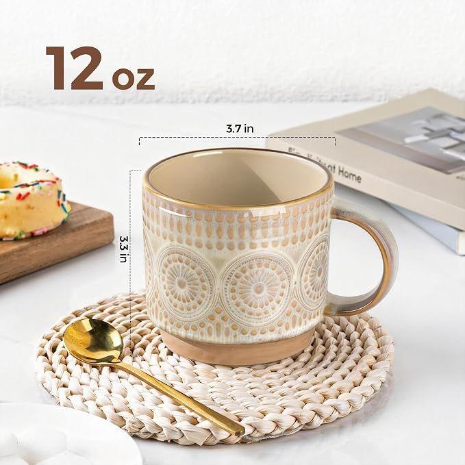 GBhome 12OZ Stackable Coffee Mugs, Ceramic Coffee Mugs with Texture Patterns for Man,Woman,Dad,Mom, Modern Coffee Mugs Set of 4 for Latte/Cappuccino/Cocoa. Dishwasher&Microwave Safe