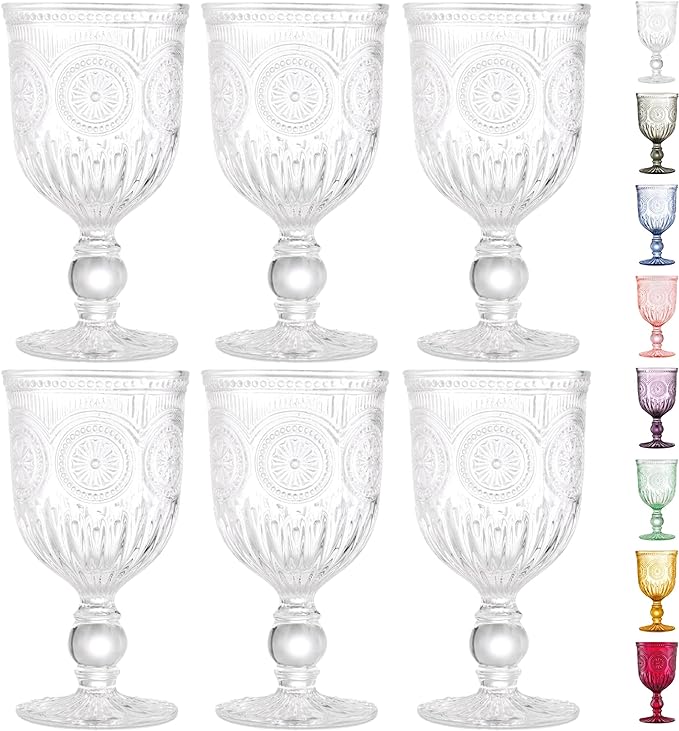 Vintage Wine Glasses,Set of 6 Glass Goblets for Water, Wine or Cocktails - Fancy Wine Glasses with a retro vibe. Sunflower Embossed Design on sturdy dishwasher-safe glasses.