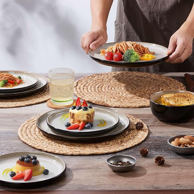 LIANYU 16 Piece Dinnerware Sets with Double Bowls for 4, Modern Ceramic Plates and Bowls Set, Kitchen Round Dinning Ware Dishware Set, Microwave and Dishwasher Safe, Tidal Khaki