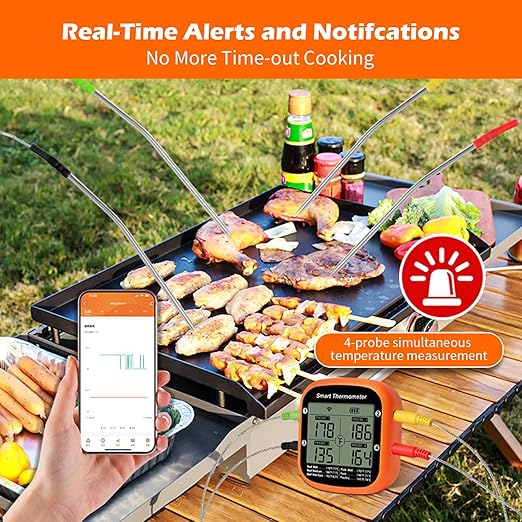 YFL Wireless Meat Thermometer with 4 Color Probes, Bluetooth Smart BBQ Thermometer for Grilling & Smoker, Magnetic Kitchen Thermometer165ft Range Digital Remote App Monitor