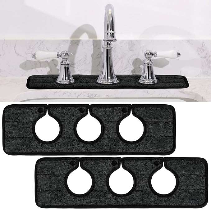 Teenyyou 2 Pcs Faucet Mat for Kitchen Sink Splash Guard for Kitchen Sink Faucet Dish Drying Mat for Bathroom Sponge Holder(Black,3 Round Holes)