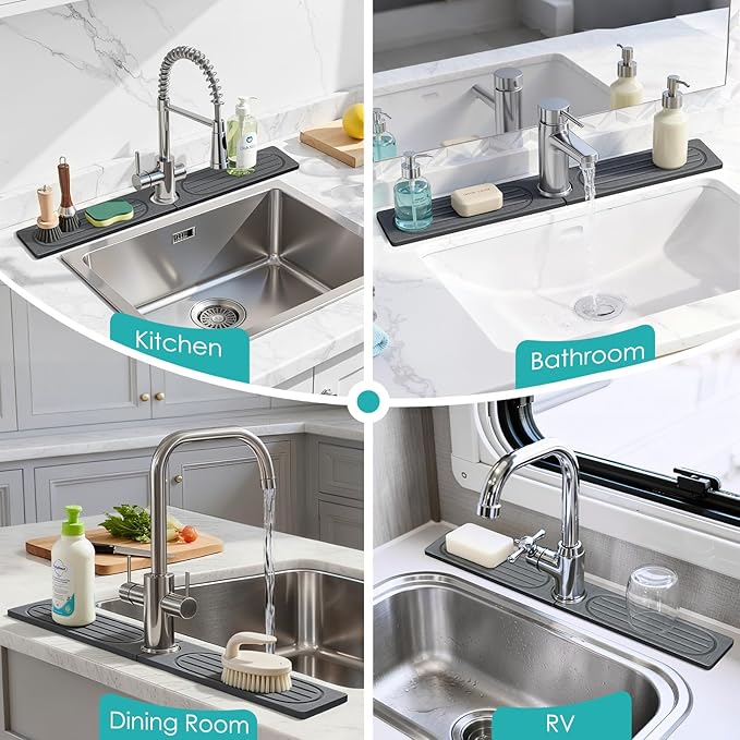 4Pcs Stone Faucet Mat for Kitchen Sink, Diatomite Quick Dry Water Absorbing Stone Tray & Sink Protector Splash Guard for Bathroom Counter, Black, 23.46" x 3.86"