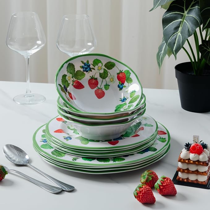 LEHAHA Strawberry Melamine Dinnerware Sets-12pcs Plates and Bowls Set, Lightweight/Unbreakable Camping Dishes Set for 4, Cute Kitchen Dinner Set for Indoor Outdoor Use