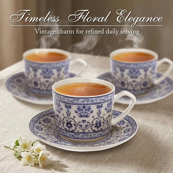 Zagara Home Mardin Porcelain Coffee Cup Set of 6, Espresso Cups and Saucers Set, Turkish Coffee Cups, French Coffee Cups, Lightweight Porcelain Vintage Small Cups for Coffee and Tea