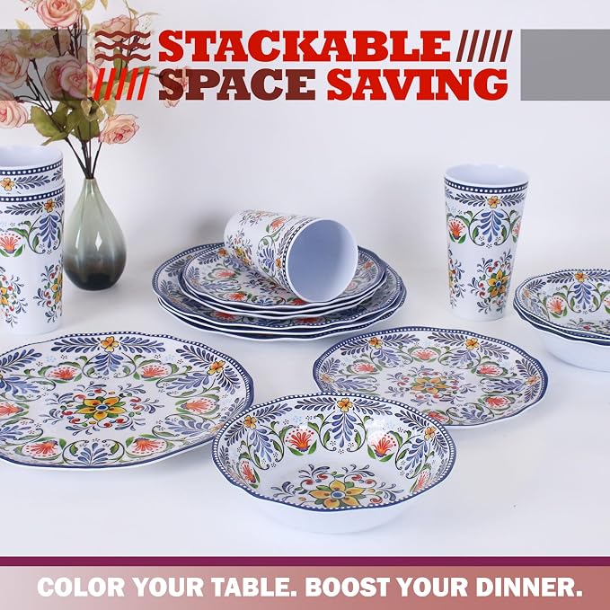Melamine Dinnerware Set for 4-16 Pcs:Camping Dishes Set with Dinner Plates,Salad Plates,Cups and Bowls.Lightweight and Unbreakable,Indoor and Outdoor Use flower28