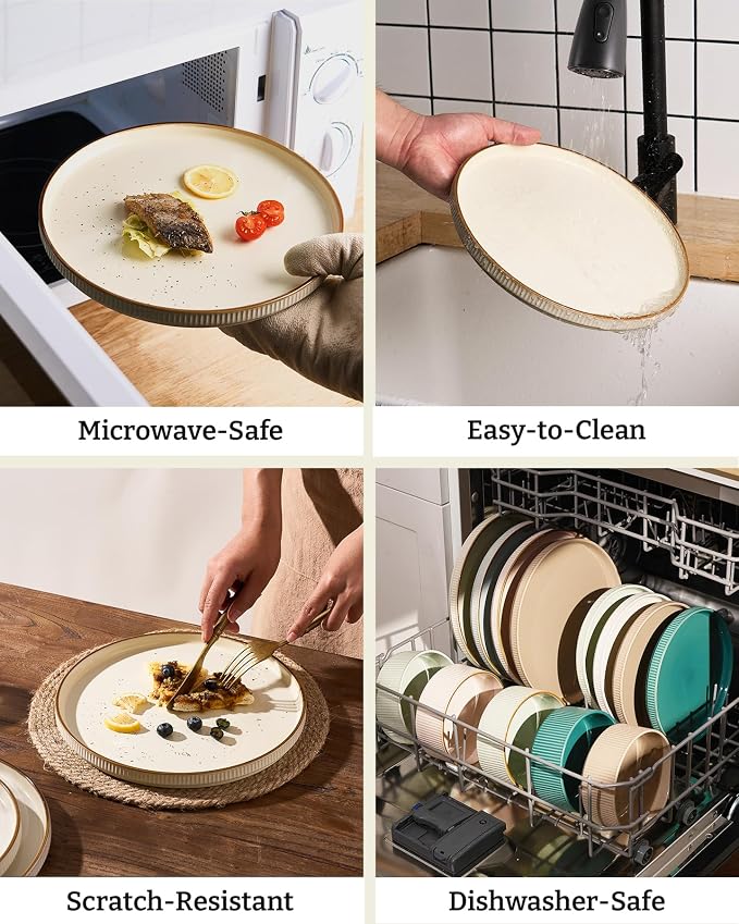Famiware Star 16-Piece Stoneware Dinnerware Sets with Trim, Service for 4 - Shallow Pasta Bowls & Flat Plates, Modern Rustic Ribbed Dishes, Chip & Scratch Resistant, Microwave & Dishwasher Safe, Cream