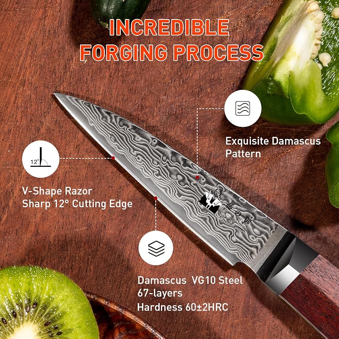 Damascus Paring Knife 3.5-inch Fruit and Vegetable Paring Knife 67-Layer Damascus with VG10 Cutting Core Peeling Knife with Full Tang Ergonomic Natural Wood Handle for Peeling