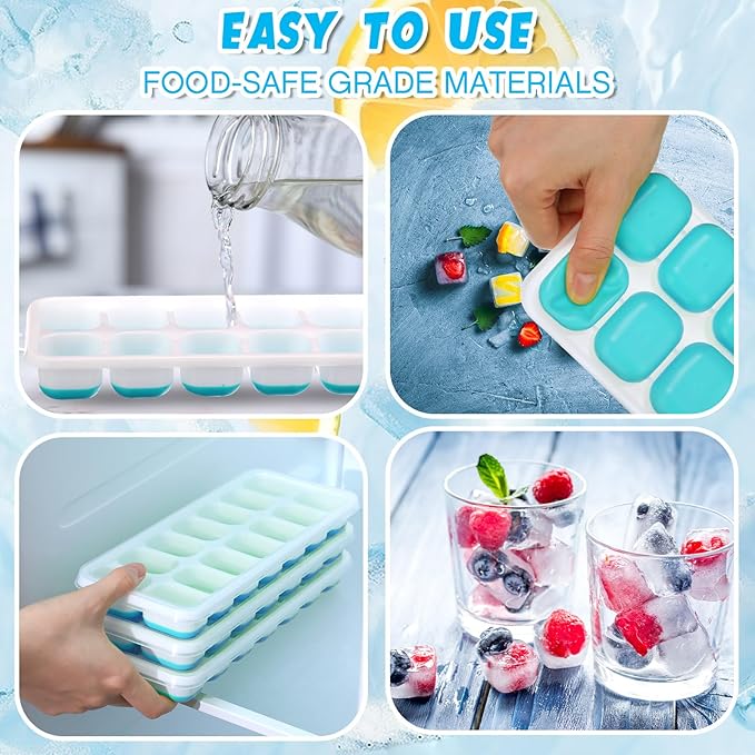 Rtteri 36 Pack Ice Cube Trays Silicone Ice Tray for Freezer Flexible 14 Cube Molds Easy Release Stackable Trays with Lid for Drinks Cocktail Coffee Baby Food (Blue)